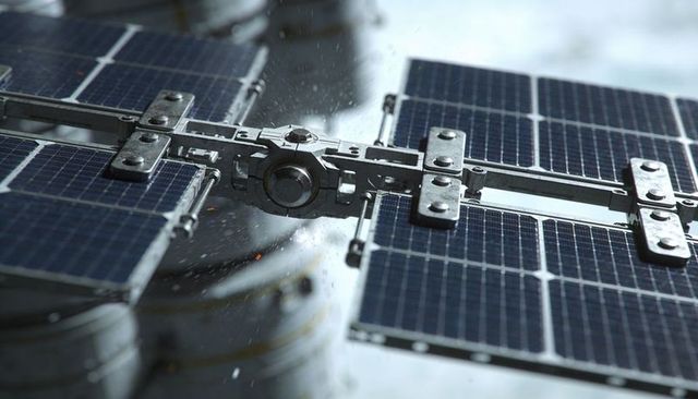 Rotating spacecraft solar arrays with machined central hinge and orbital debris close-up