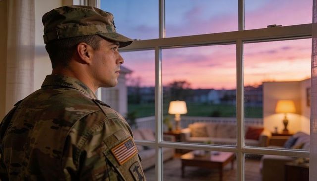 Soldier standing at window watching sunset in camouflage uniform with us flag patch