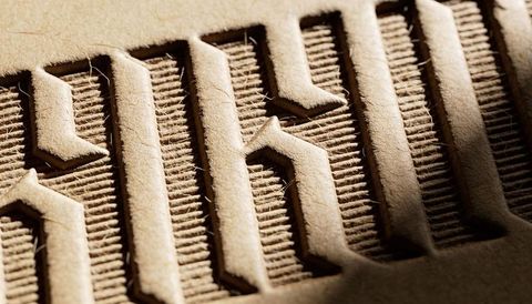 Macro die-cut corrugated cardboard revealing layered ribs and fibrous paper texture