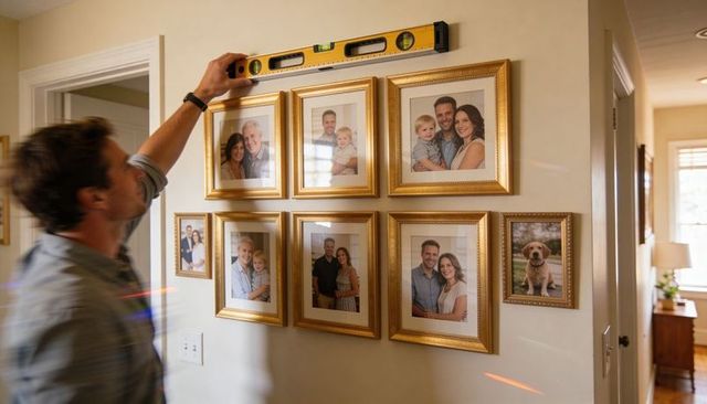 Man using yellow spirit level aligning gold family frames for gallery wall in hallway