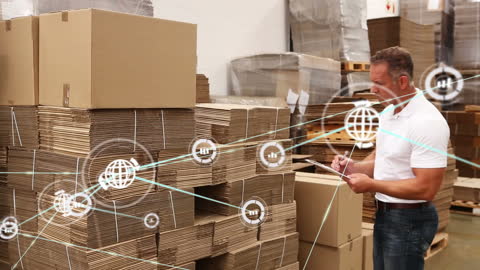 Warehouse Worker Managing Inventory with Global Network Overlay
