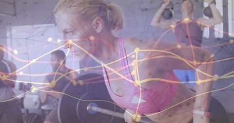 Female athlete training with barbell and wearable data overlay for fitness analytics