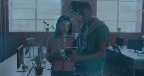 Colleagues Examining Smartphone with Digital Security Graphic Overlay