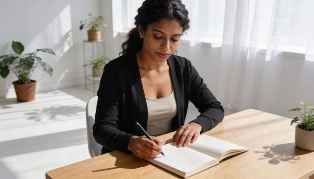 Woman writing in sunlit minimalist home office, journaling at wooden desk with plants