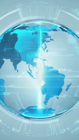 Vertical holographic globe rotating emitting energy beam through futuristic HUD interface