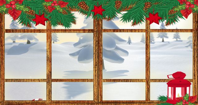 Festive Window View with Christmas Decorations and Snowy Landscape - Download Free Stock Images Pikwizard.com