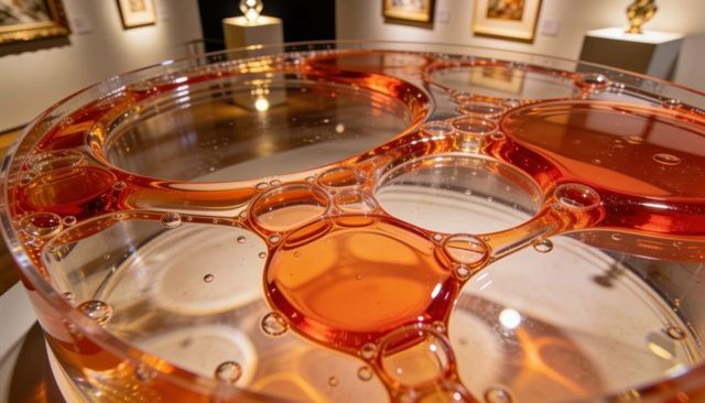 Concentric orange-red resin sculpture with bubbles and reflections in contemporary gallery