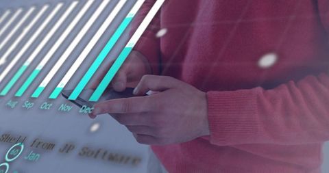 Hands Tapping Smartphone with Holographic Data Dashboard and Bar Chart Overlay for Teams