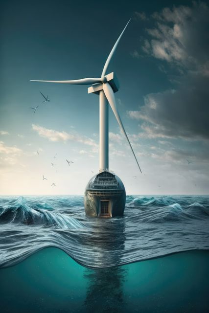 Futuristic Wind Turbine on Submerged City in Ocean - Download Free Stock Images Pikwizard.com