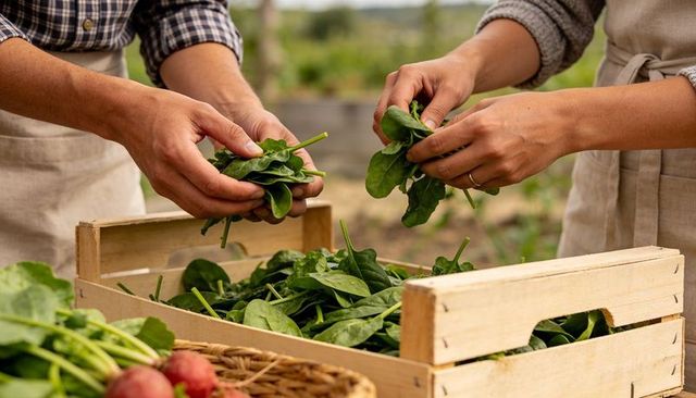 Farmers hands sorting fresh spinach in wooden crate at market, teamwork harvesting greens