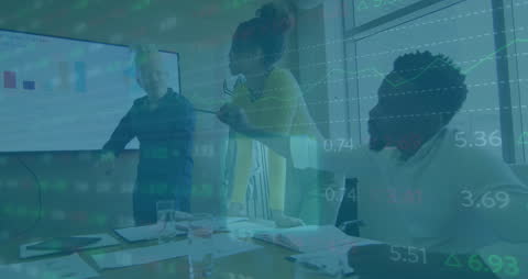 Diverse Team Collaborates with Financial Data Overlay