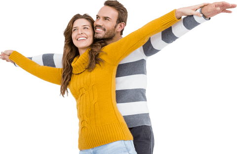 Cheerful Young Couple With Outstretched Arms on Transparent Background