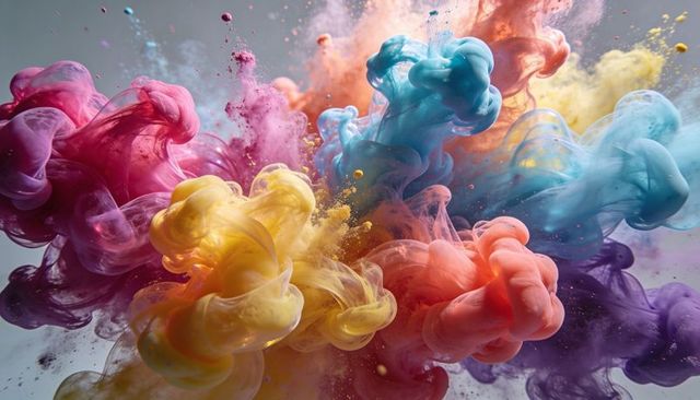Vivid ink clouds swirling in liquid, colorful paint plumes creating dynamic abstract art