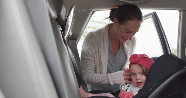 Mother lovingly secures her baby in a car seat. Ideal for websites, articles, and advertisements related to parenting, child safety, and family transportation.