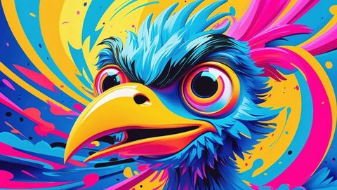 Vibrant blue fantastical bird with crazy abstract colorful swirls