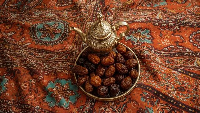 Serving ornate brass teapot with bowl of dates on persian-style patterned fabric