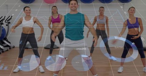 Leading fitness instructor demonstrating dynamic group cardio workout, analytics overlay