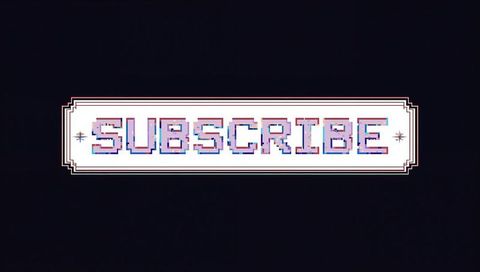 Pixel subscribe button with cyan-magenta glitch and neon retro ui overlay