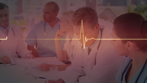 Medical Team Consulting with Heartbeat Graphic Overlay