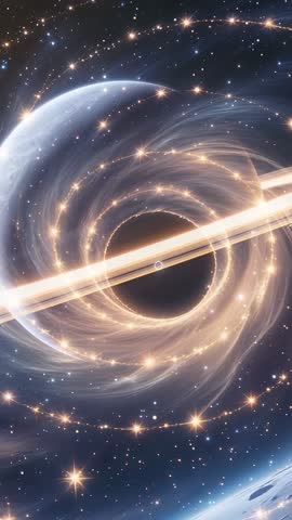 Glowing accretion disk spiraling into black hole with planet horizon and stellar ring