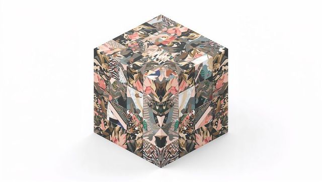 Kaleidoscopic floral geometric cube mockup with pastel earth tones and symmetric pattern