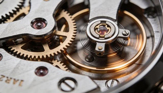 Macro watch movement close-up showing rotating balance wheel, hairspring and brass gears