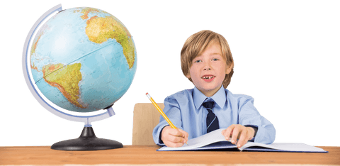 Happy Caucasian Schoolboy Studying with Globe Isolated Transparent - Download Free Stock Videos Pikwizard.com