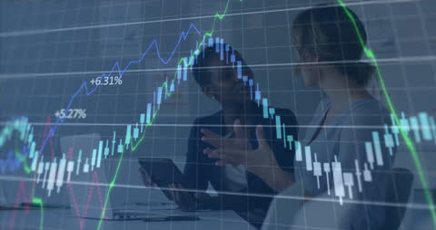 Business Professionals Analyzing Stock Market Data with Digital Interface