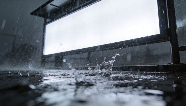 Rain splashing on wet pavement under backlit panel at urban shelter, moody night reflections