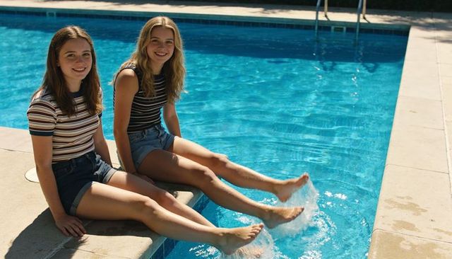 Teen girls dipping feet and splashing in sunny backyard pool, laughing, casual summer