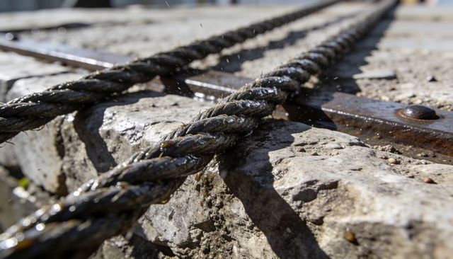 Sunlit wet braided steel cable diagonal on pier ledge with rusted rail and droplets