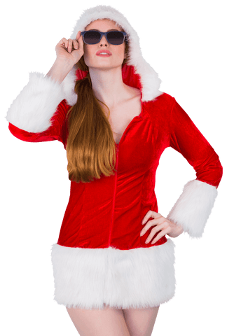 Cool santa girl in festive costume with sunglasses transparent