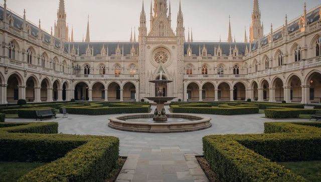 Neogothic cloister courtyard with central tiered fountain, rose window and symmetric arcades