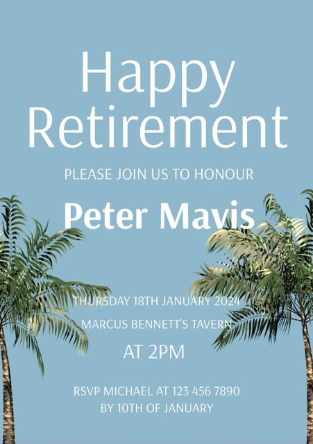This invitation emphasizes a celebratory and relaxing atmosphere with palm trees and a tropical vibe, perfect for a retirement party. It can be used for tropical-themed events, signaling fresh starts and milestones in one's career.