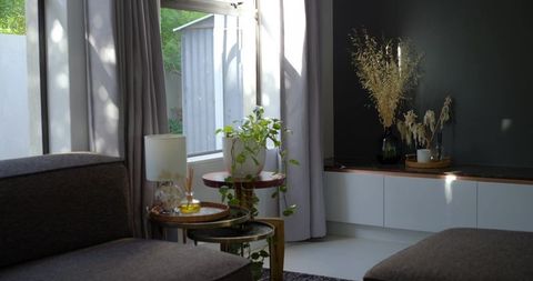 Sunlit minimalist room corner showcasing trailing pothos in ceramic pot on side table