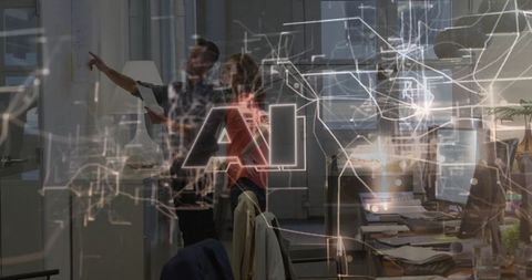 Technology Team Analyzing Digital Network in Futuristic Office