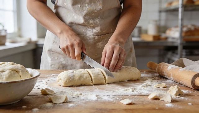 Hands Slicing Dough Log with Serrated Knife on Floured Wooden Counter for Artisan Bread