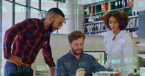 Business Team Collaborating with Digital Statistics Overlay