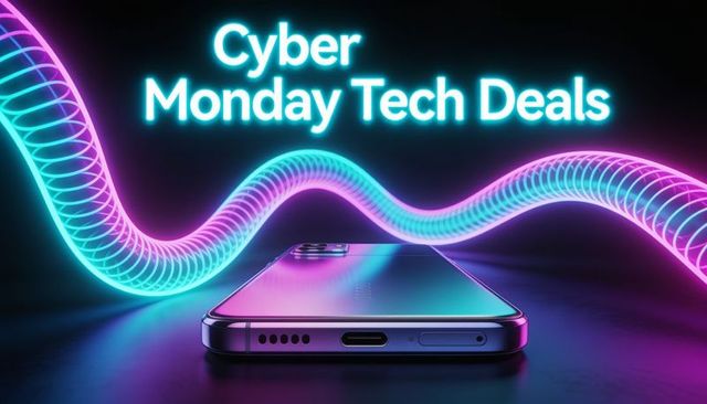 Cyber monday tech deals featuring neon-lit smartphone and futuristic gradient ribbons