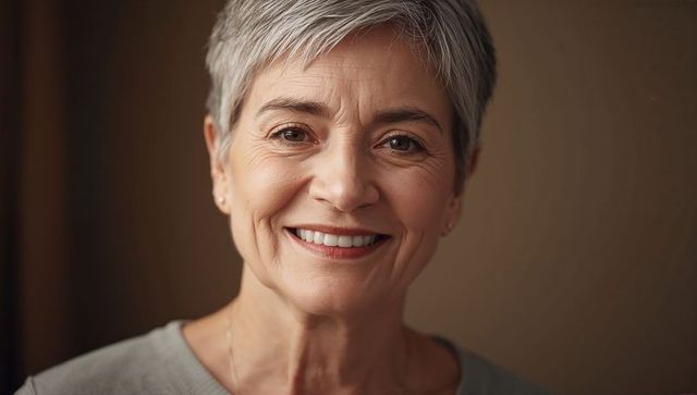 Smiling senior woman with short gray hair and stud earrings, warm close-up portrait