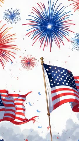Vertical Video Waving American Flags with Bursting Red White Blue Fireworks and Falling Confetti