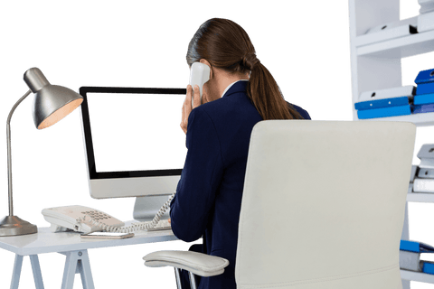 Transparent Businesswoman Talking on a Phone at Desk in Office - Download Free Stock Videos Pikwizard.com