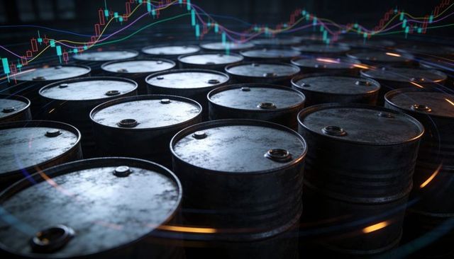 Stacked oil barrels with candlestick charts representing energy market volatility