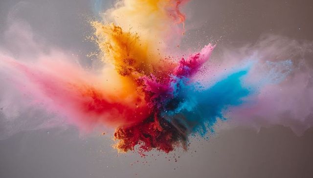 Bursting pigment explosion creating cyan magenta yellow powder plumes abstract dispersion