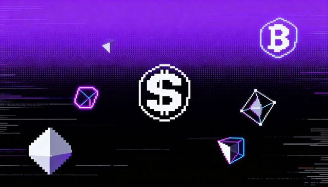 Pixel dollar coin floating in neon vaporwave cyber grid with glitch crypto tokens