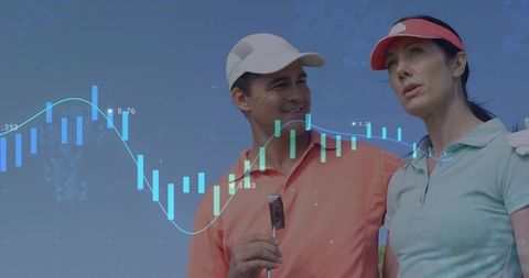 Smiling golfers analyzing financial data overlay on sunny golf course corporate strategy