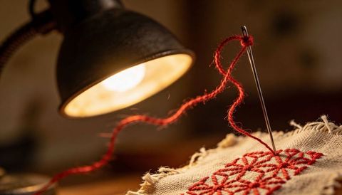 Vintage lamp illuminating needle threading red embroidery on natural linen