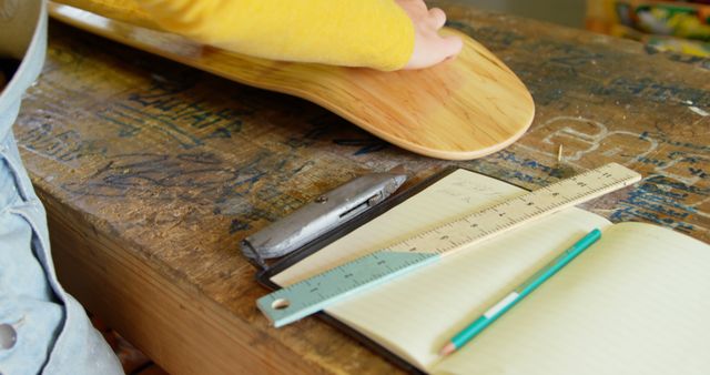 A person is working on a wooden surface, measuring and planning a project, with copy space. Essential tools like a ruler, pencil, and notebook suggest a crafting or woodworking activity.