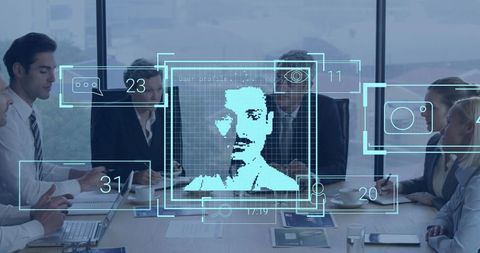 Digital Biometrics Analyzing Corporate Meeting in Glass Panel Room