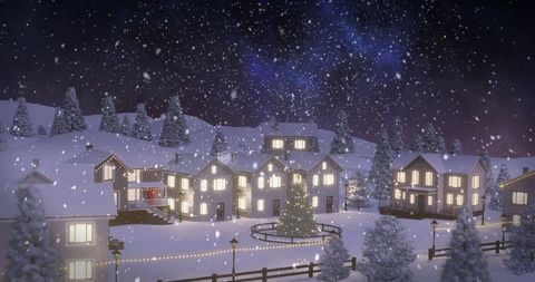 Snowy Night in a Decorated Mountain Village During Winter Season